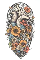 abstract design human heart, poppies, anemones, mushrooms, love and the letters J and C tattoo design idea