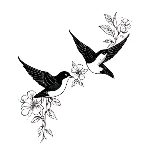 fine line swallow birds with flower between tattoo design idea