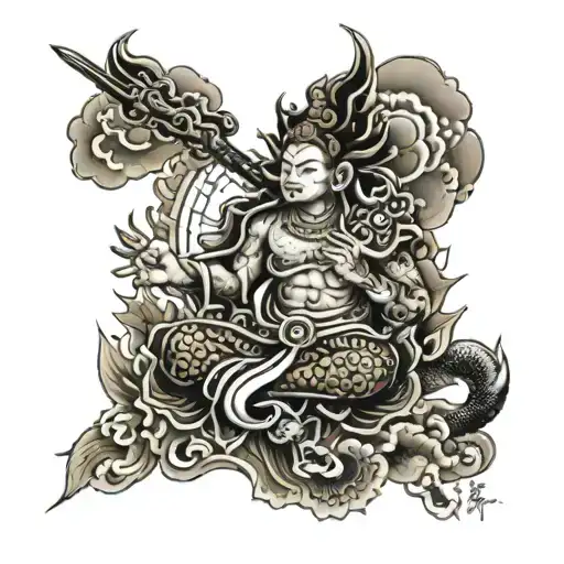 half leg sleeve (ankle to knee) coloured japanese style tattoo that incorporates Vajrapani, Avalokiteshvara and Manjushr tattoo design idea