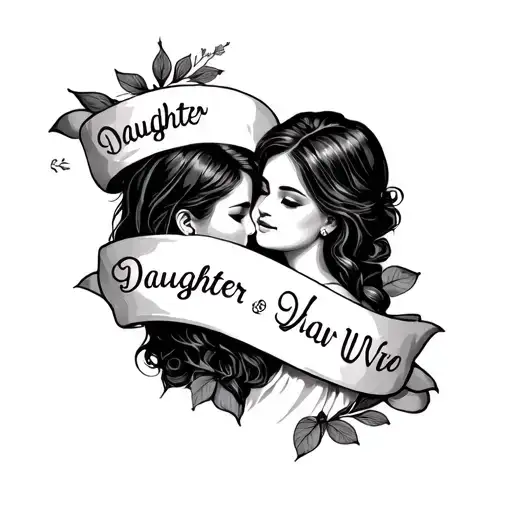 daughter and wife names in banner wrapped tattoo design idea