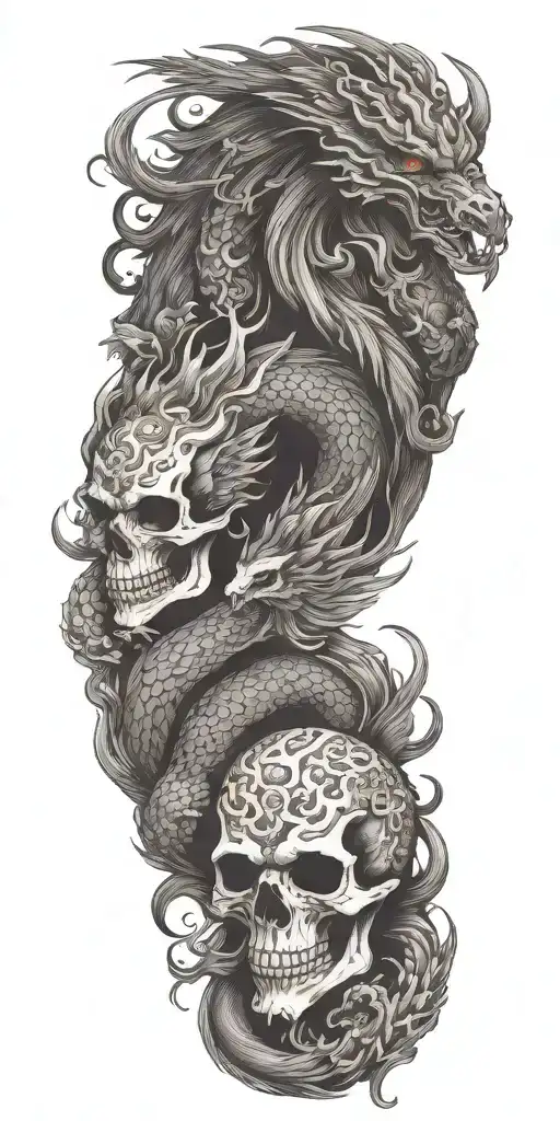 Chinese dragon and phoenix and skull and moon and raven tattoo design idea