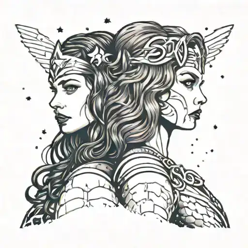 wonder woman and cat woman kissing each other on the lips passionately  tattoo design idea