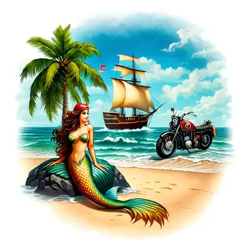 a beach scene with mermaid on a rock  facing forward, a pirate ship in the sea, and motorcycle parked in the sand tattoo design idea