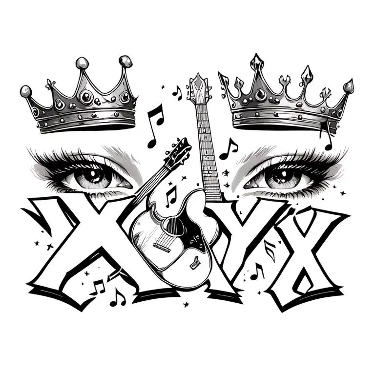 "XXXX" eyes and crown and guitar with notes tattoo design idea