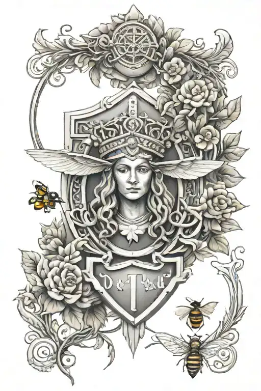 athena shield with Medusa head surrounded by Olympic wreath above a honey bee hive  tattoo design idea
