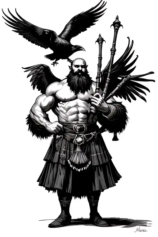muscular bagpiper bald black beard black huge wings on his back playing the bagpipes flying crow with claws tattoo design idea