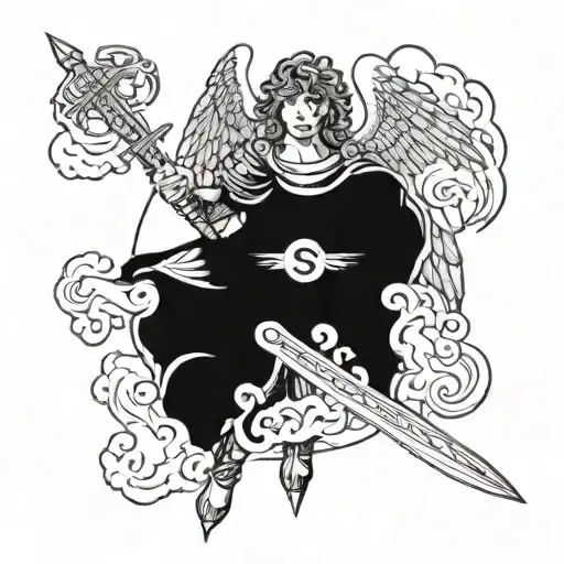 Archangel Michael wielding a sword in Enochian language script, surrounded by clouds in a blackwork style tattoo design idea