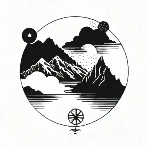 mountain and beach contrast and blend at the same time in circular shape tattoo design idea