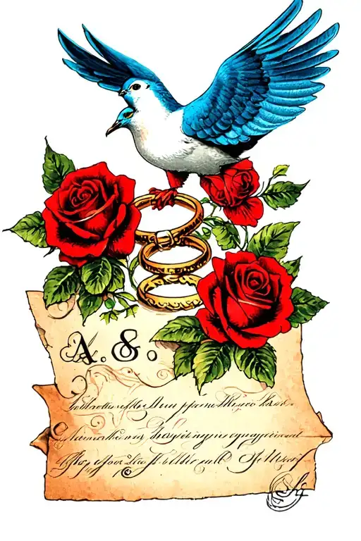 blue dove with weeding rings and a paper that says A&S and red roses tattoo design idea