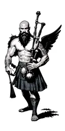 shirtless muscular bagpiper bald black beard  big black wings playing bagpipes in arm tattoo design idea