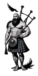 shirtless muscular bagpiper bald black beard  big black wings playing bagpipes in arm tattoo design idea