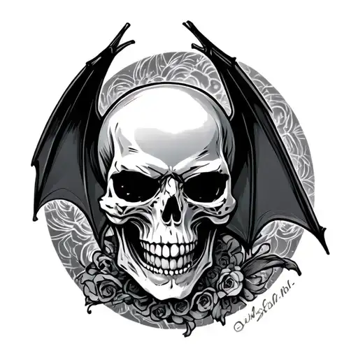 skull and bat flying tattoo design idea