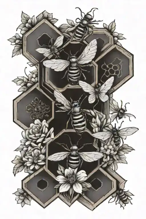 kitsune bees honeycomb books flowers intertwined tattoo design idea