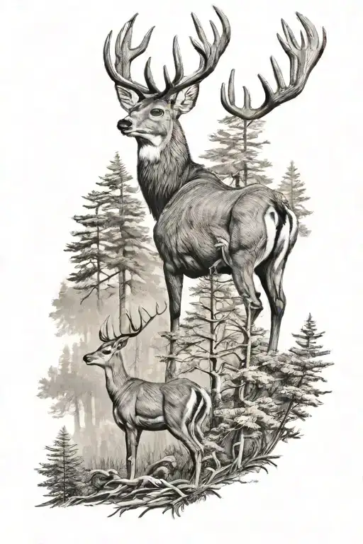 pine forest with whitetail deer standing side by side tattoo design idea