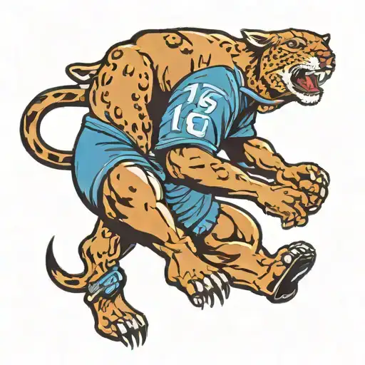 wild cougar jumping to bite a football with a light blue jersey and the number 16  tattoo design idea