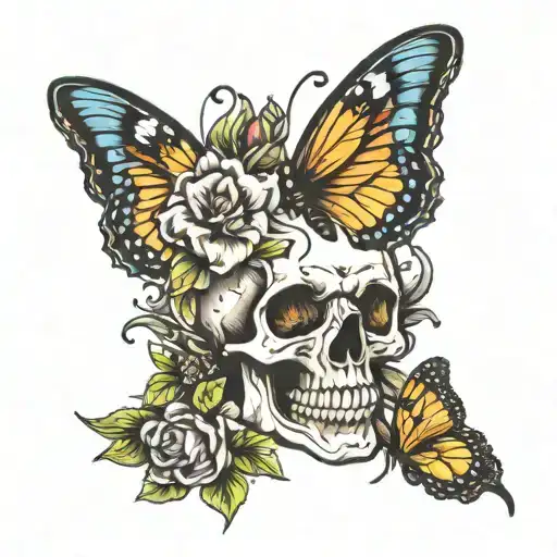 skull butterfly flowers tattoo design idea