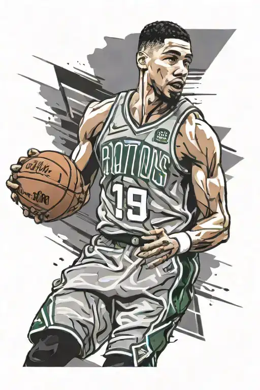 Generate a sleeve-type tattoo for the shoulder and upper arm that includes: Jayson Tatum's jersey, Goh tattoo design idea