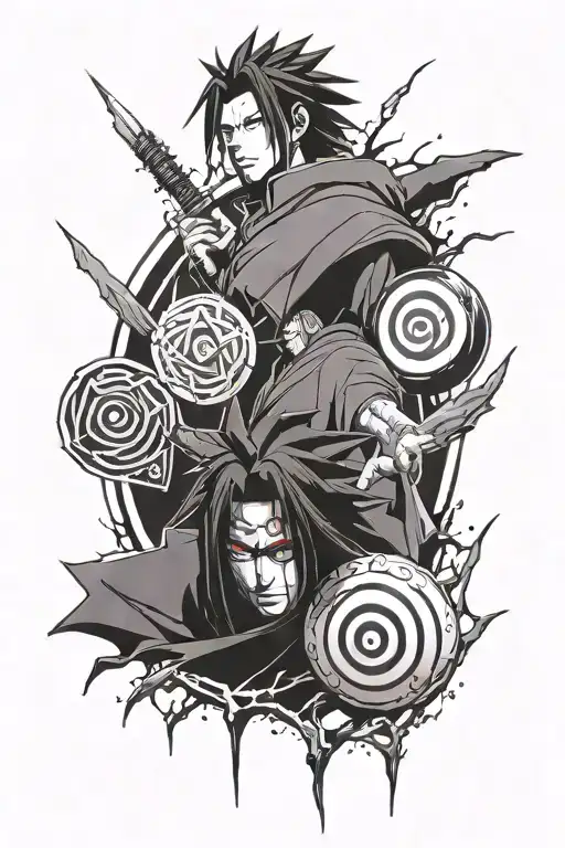 Madara Uchiha, Itachi and Sasuke Uchiha  one under another and a big sharingan on top tattoo design idea