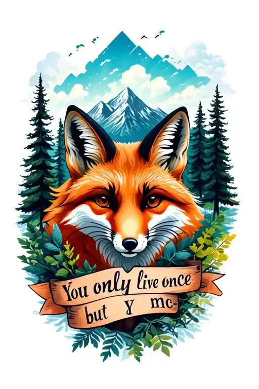 In one area include a nature concept with a fox, forest, mountains, clouds etc and the phrase “You only live once but y tattoo design idea