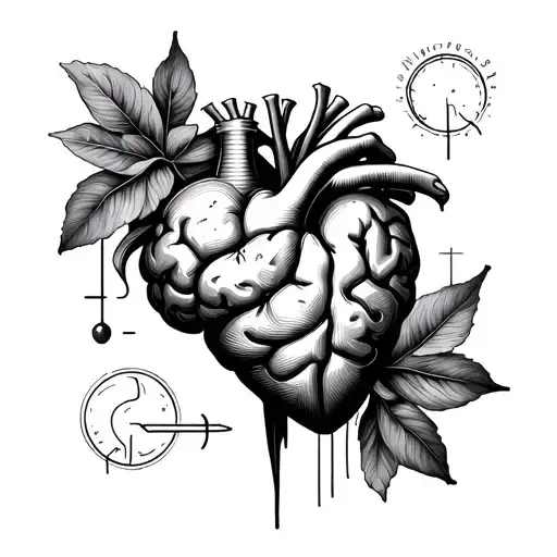 Create a minimalist tattoo design containing psychology, cocoa, brain, heart, vitriol, 444,1308, my si tattoo design idea
