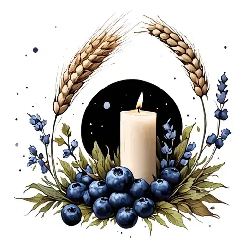 blueberry bush, wheat, heather, candle, moon tattoo design idea