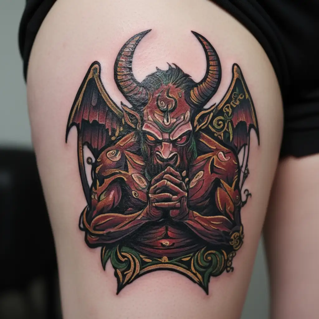 devil praying for forgiveness from god holding tattoo design idea