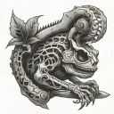 skeletal chameleon with axe tattoo design idea