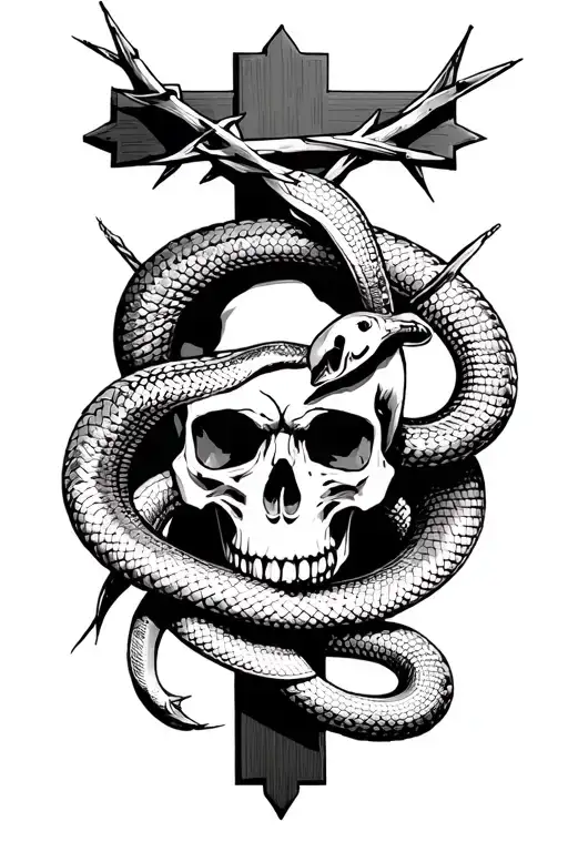 skull with snake weaving through it and a cross in the background and a crown of thorns placed on the top of the cross tattoo design idea