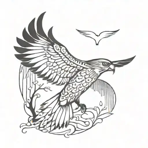 mystical falcon with outstretched wings against the background of nature tattoo design idea