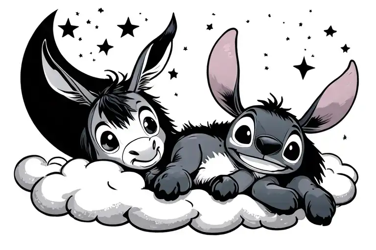 Silly looking donkey, cuddling with the charachter stitch. laying on a big cloud under the moon with lots of stars. tattoo design idea
