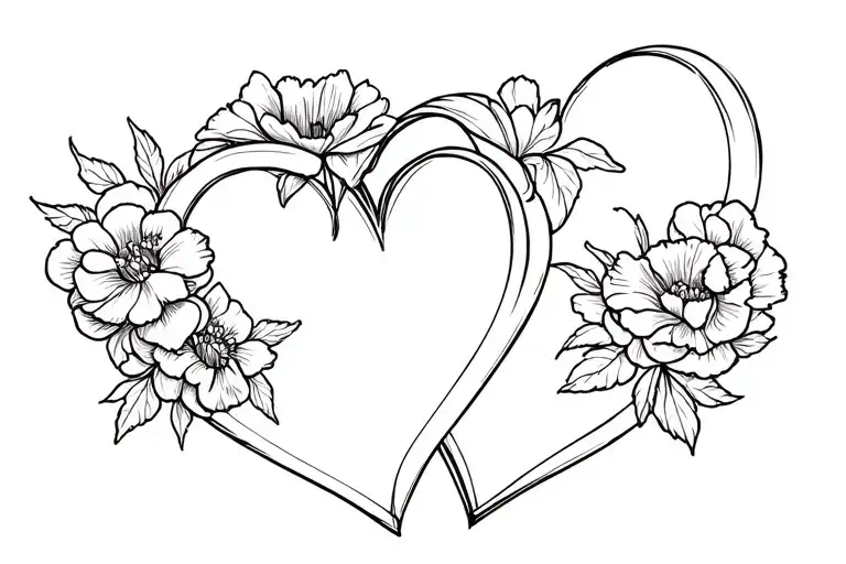 Two interlocking heart outlines, slightly offset - tulip and carnations on edge of hearts - heart empty tattoo design idea