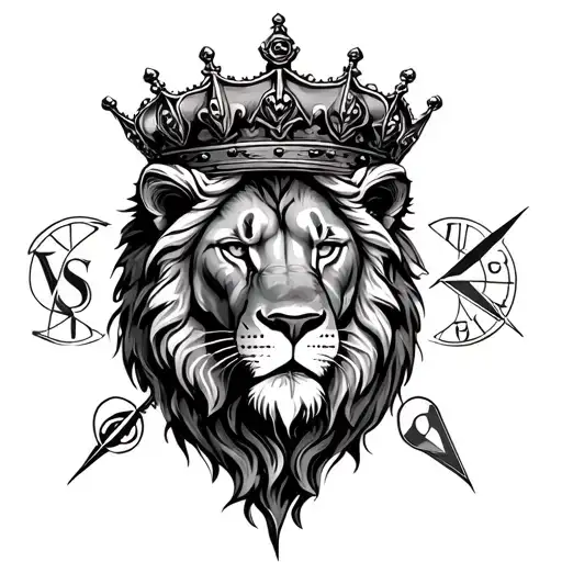 lion wearing a crown rose and compass tattoo design idea