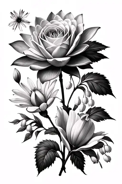 1 Waterlilly flower, 1 rose, 2 lily of the valley flowers, 1 aster flower, 1 marigold flower: dark background realism tattoo design idea
