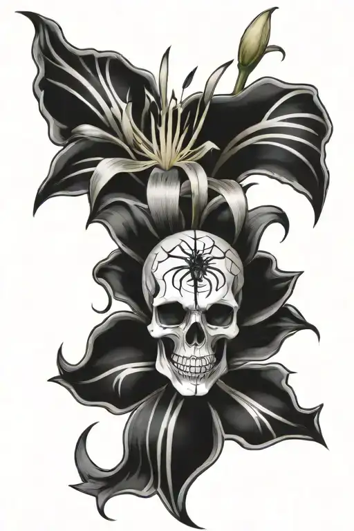 skull and spider lily flower tattoo design idea
