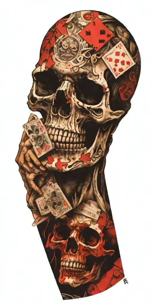 a girl, playing cards,money and a skull tattoo design idea