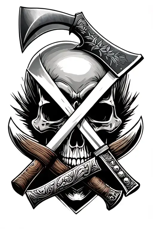 a tomahawk crossed with a large bowie behind a 3/4 skull tattoo design idea
