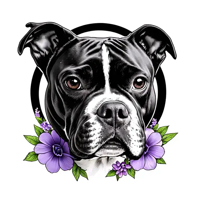 American pit bull unscripted ears with left ear half black and the right eye a circle of black and lavender flowers  tattoo design idea