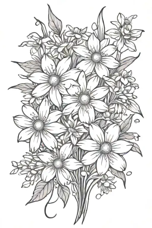 daisies and daffodils with sprinkling of cherry blossoms, snow drops, violets, greenery, stems tattoo design idea