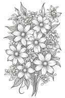 daisies and daffodils with sprinkling of cherry blossoms, snow drops, violets, greenery, stems tattoo design idea