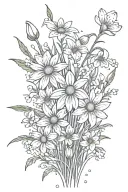 daisies and daffodils with sprinkling of cherry blossoms, snow drops, violets, greenery, stems tattoo design idea