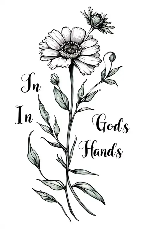 small and dainty Wildflower wrapped in between or incorporated written with "In Gods Hands" in old money cursive tattoo design idea