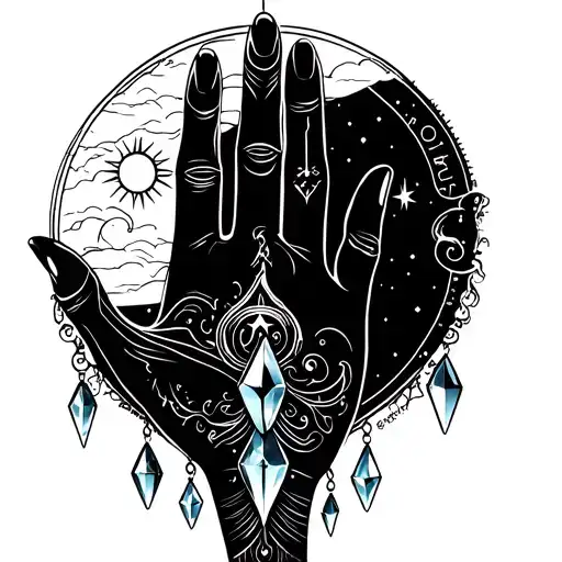 a line design of a hand with crystals hanging off of it with a sun and moon with the Aquarius star sign above it  tattoo design idea