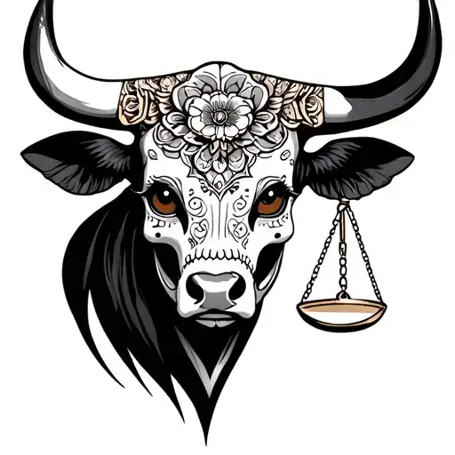feminine bull with sugar skull markings, brown eyes and two Libra scales and dark background tattoo design idea
