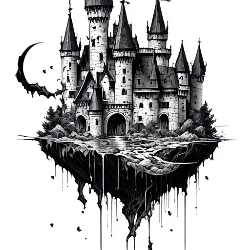 damaged floating castle  tattoo design idea
