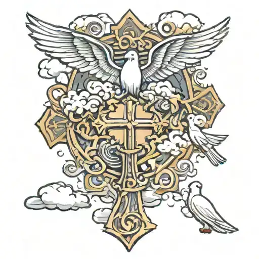 cross, dove, clouds and Phillipians 4 vs 13 incorporated tattoo design idea