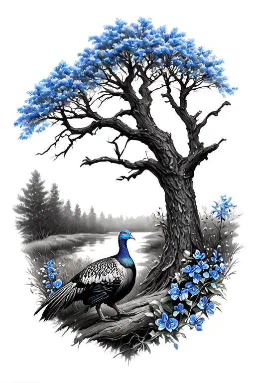trees with wild turkeys on limbs in a distance, the landscape will consist of clusters of chrystals and blue bell flower tattoo design idea