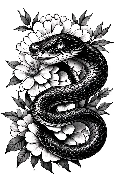 snake tattoo with a snake around, and flowers around, that is for men, for a tattoo in the leg tattoo design idea