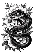 snake tattoo with a snake around, and flowers around, that is for men, for a tattoo in the leg tattoo design idea