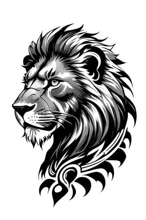 Realistic lion head shoulder tattoo featuring featuring tribal design at the bottom tattoo design idea