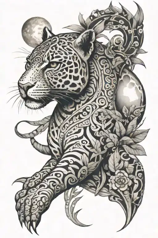 Aztec Jungle rainforest jaguar moon tattoo design idea